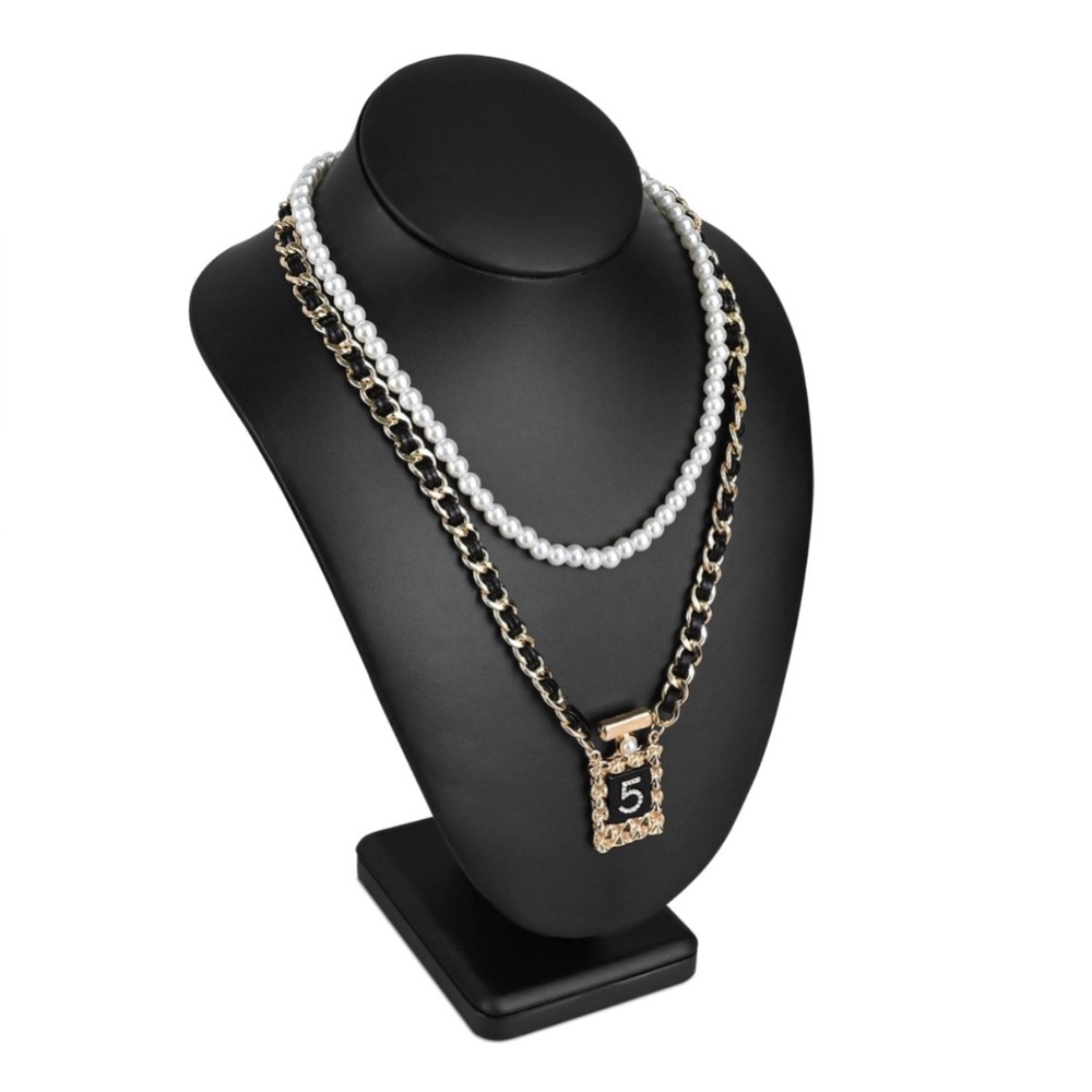 Layered Pearl Number 5 chain Necklace multi-layer long Necklace Jewelry